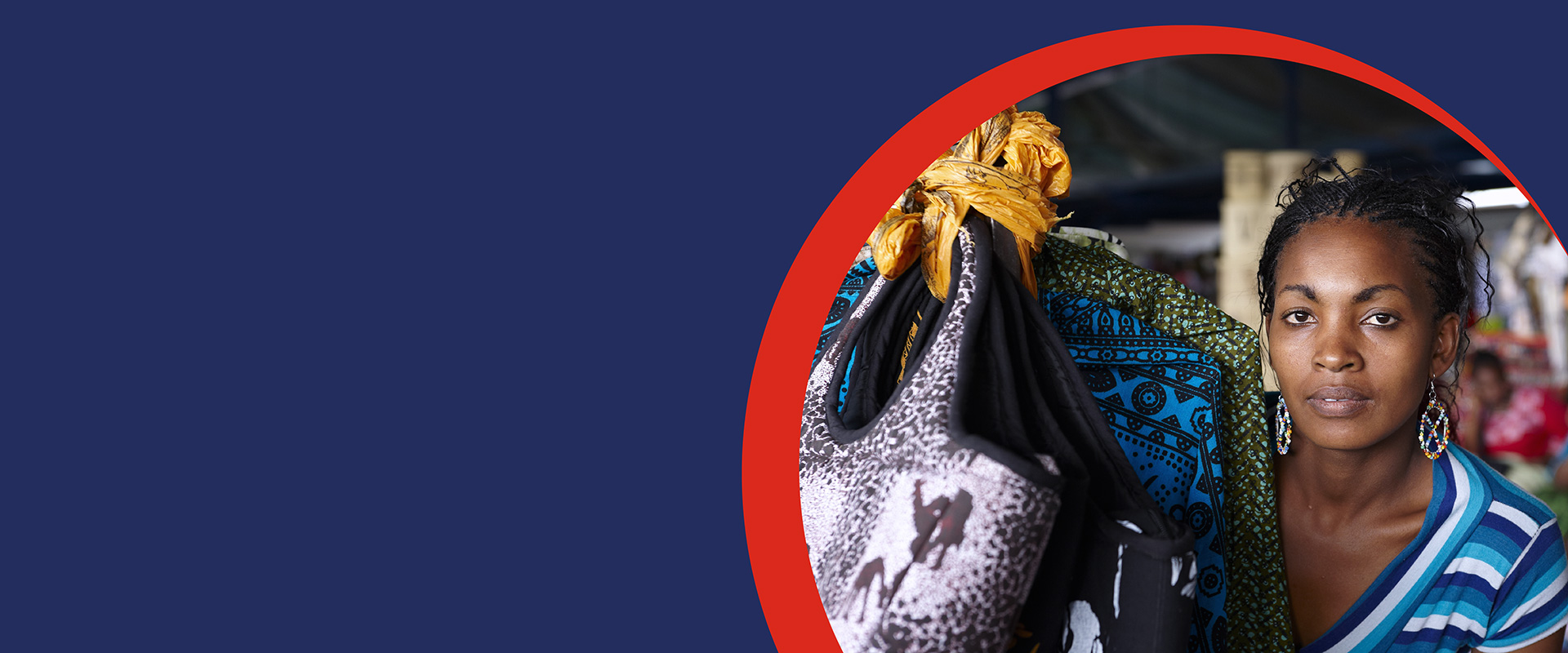 Izwe Ghana Savings for you | Personal Savings account | Woman at shop with bags | Full banner